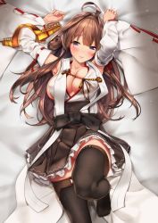 Rule 34 | 10s, 1girl, absurdres, ahoge, baffu, black skirt, black thighhighs, blue eyes, breasts, brown hair, detached sleeves, half-closed eyes, headgear, unworn headgear, highres, japanese clothes, kantai collection, kongou (kancolle), kongou kai ni (kancolle), large breasts, long hair, looking at viewer, lying, miniskirt, no bra, no panties, nontraditional miko, on back, red ribbon, ribbon, ribbon-trimmed sleeves, ribbon trim, skirt, solo, thighhighs