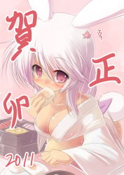 Rule 34 | 10s, 1girl, 2011, animal ears, blush, breasts, rabbit ears, rabbit tail, cleavage, eating, food, hair ornament, japanese clothes, kimono, kourourin, light purple hair, looking at viewer, new year, original, pink eyes, solo, tail