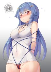Rule 34 | 1girl, ajidot, bdsm, blue hair, blush, bondage, bound, breasts, dress, flying sweatdrops, highres, last origin, light blue hair, long hair, looking to the side, medium breasts, navel, red eyes, short dress, simple background, skindentation, solo, squiggle, tiamat (last origin), torn clothes, white background, white dress