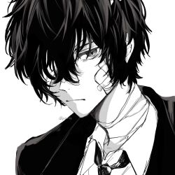 Rule 34 | 1boy, bandage over one eye, bandaged neck, bandages, bungou stray dogs, closed mouth, collared shirt, commentary request, dazai osamu (bungou stray dogs), greyscale, highres, jacket, looking at viewer, male focus, monochrome, necktie, povdx, shirt, short hair, simple background, solo, twitter username, upper body