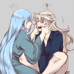 Rule 34 | 2girls, azura (fire emblem), blonde hair, blue hair, cheek pull, corrin (female) (fire emblem), corrin (fire emblem), dlanon, fangs, fire emblem, fire emblem fates, long hair, mouth pull, multiple girls, nintendo, open mouth, pointy ears, red eyes, sharp teeth, smile, teeth, very long hair, yellow eyes
