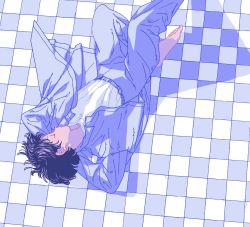 1boy 9bmmnn arms_behind_head bad_id bad_twitter_id barefoot black_hair blue_jacket blue_pants blue_theme checkered_floor closed_eyes highres jacket original pants profile shirt shirt_tucked_in short_hair solo tile_floor tiles upside-down white_shirt