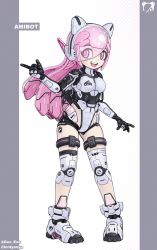 Rule 34 | 1girl, :d, ami (gwain saga), android, commentary, english commentary, full body, grey background, gwain saga, highres, humanoid robot, joints, long hair, lordyanyu, mechanical hair, mechanization, open mouth, pigeon-toed, pink eyes, pink hair, robot, robot joints, smile, solo, standing, teeth, two-tone background, upper teeth only, visor, white background