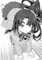 Rule 34 | 1girl, all fours, alternate costume, bow, bowtie, cardigan, cleaning, curtained hair, fate/grand order, fate (series), greyscale, hair ornament, hanabana tsubomi, long hair, long sleeves, looking ahead, monochrome, parted lips, school uniform, shoes, simple background, skirt, solo, speed lines, towel, ushiwakamaru (fate), uwabaki