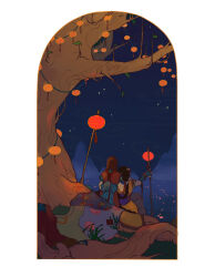 Rule 34 | 2girls, back bow, bare tree, black hair, blanket, blue bow, blue sleeves, blue tunic, bow, bracer, braid, brown hair, capelet, cinderella, commentary, english commentary, falling leaves, from behind, grass, hair over one eye, implied yuri, lantern, layered sleeves, leaf, leaning on person, long hair, long sleeves, mountainous horizon, multiple girls, night, night sky, ocean, original, outdoors, paper lantern, petals, photoshop (medium), pink capelet, ponytail, short over long sleeves, short sleeves, single braid, sitting, sky, straight hair, striped, striped bow, tassel, tree, very long hair, white background, white sleeves, yellow tunic, yutaan