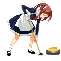 Rule 34 | 1girl, a1 (initial-g), brown eyes, brown hair, curling, curling stone, leaning forward, maid, motion blur, open mouth, simple background, solo, twintails, white background
