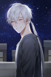 Rule 34 | 1boy, arms at sides, black jacket, blush, cheritz, closed eyes, hair tie, highres, jacket, long hair, male focus, night, night sky, official art, open clothes, open jacket, ponytail, shirt, sky, smile, solo, star (sky), starry sky, susanghan messenger, teeth, third-party source, white hair, white shirt, zen (susanghan messenger)