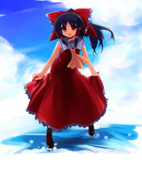 Rule 34 | 1girl, :d, alternate costume, black hair, brown eyes, dress, female focus, hakurei reimu, happy, highres, japanese clothes, miko, open mouth, ribbon, shin (new), short hair, sky, smile, solo, touhou, wading, water