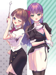 2girls :d ;d absurdres bespectacled black_jacket black_skirt blush bow bow_earrings bowtie breasts brown_hair buttons commentary_request double-breasted earrings flower_earrings frilled_shirt frills fujishima_megumi glaring glasses gloves gradient_background green_background green_eyes grey_background hair_bow half_updo hand_on_own_hip hand_up highres hiyori_(20hiyori727) holding holding_pointer jacket jewelry jitome large_breasts link!_like!_love_live! long_hair looking_at_another looking_at_viewer love_live! medium_breasts multicolored_background multiple_girls official_alternate_costume official_alternate_hairstyle one_eye_closed open_mouth otomune_kozue pink_bow pink_bowtie pointer pointing pointing_at_another pointing_up polka_dot polka_dot_background ponytail puffy_short_sleeves puffy_sleeves purple_eyes purple_hair red-framed_eyewear red_bow red_bowtie semi-rimless_eyewear shirt short_sleeves sidelocks single_sidelock skirt smile striped_background teacher under-rim_eyewear virtual_youtuber white_background white_gloves white_jacket white_shirt white_skirt