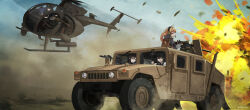 5girls absurdres ahoge aircraft black_hair blue_eyes blue_sky braid brown_hair character_request check_character commentary_request day ear_protection explosion grey_jacket gun hair_between_eyes helicopter highres holding holding_gun holding_weapon hood hood_down hooded_jacket humvee indie_virtual_youtuber jacket long_hair mask motor_vehicle mouth_mask multiple_girls ndtwofives original outdoors red_eyes sand shirt single_braid sky suzuya_tang twitter_username vehicle_request virtual_youtuber vivian_zhao weapon weapon_request whiskey_project white_shirt wide-eyed