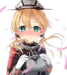 Rule 34 | 10s, 1girl, anchor, blonde hair, blush, breasts, cross, gloves, green eyes, hands on own chest, hat, iron cross, kantai collection, looking at viewer, max melon, md5 mismatch, military, military hat, military uniform, peaked cap, petals, prinz eugen (kancolle), resized, resolution mismatch, simple background, smile, solo, source larger, uniform, upper body, white background, white gloves
