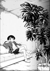 Rule 34 | 1girl, absurdres, bright pupils, ceiling light, couch, crossed legs, detached hair, expressionless, fluorescent lamp, greyscale, hallway, highres, indoors, jacket, light blush, looking at viewer, low twintails, monochrome, on couch, open clothes, open jacket, original, parted lips, plant, pleated skirt, potted plant, reclining, shii595, shirt, skirt, sleeves past wrists, slippers, socks, solo, track jacket, twintails, wide shot