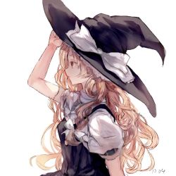 Rule 34 | 1girl, arm belt, arm up, bad id, bad twitter id, bare arms, black hat, blonde hair, bow, dated, hair bow, hat, hat bow, jima, kirisame marisa, long hair, profile, puffy short sleeves, puffy sleeves, short sleeves, simple background, solo, touhou, vest, wavy hair, white background, white bow, witch hat, yellow eyes