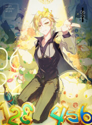 Rule 34 | 3boys, absurdres, alcohol, belt, black shirt, blonde hair, buried, c asca, champagne, champagne bottle, coat, collar, collared shirt, disco ball, earrings, english text, flower, grin, hair between eyes, happy birthday, highres, hypnosis mic, izanami hifumi, jewelry, jinguji jakurai, kannonzaka doppo, long hair, long sleeves, looking at another, looking at viewer, male focus, multiple boys, necklace, open clothes, open coat, open mouth, purple hair, red hair, ring, shirt, smile, sparkle, spotlight, stuffed animal, stuffed toy, sweatdrop, teddy bear, teeth, yellow eyes, yellow flower