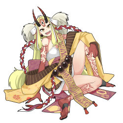 Rule 34 | 1girl, absurdres, asha, barefoot, beads, black horns, black nails, blonde hair, brown sash, colored extremities, colored skin, commentary request, fate/grand order, fate (series), fingernails, flat chest, full body, gradient horns, highres, horns, ibaraki douji (fate), japanese clothes, kimono, long hair, long sleeves, looking at viewer, multicolored horns, obi, open mouth, prayer beads, red horns, red skin, sash, sharp fingernails, sharp teeth, sharp toenails, simple background, sitting, smile, solo, teeth, toenails, very long hair, white background, wide sleeves, yellow eyes, yellow kimono