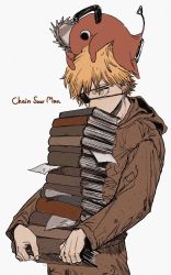 Rule 34 | 1boy, animal, animal on head, blonde hair, book, book stack, brown hoodie, chainsaw, chainsaw man, covered mouth, denji (chainsaw man), eyepatch, highres, holding, holding book, hood, hoodie, looking to the side, on head, pochita (chainsaw man), short hair, simple background, solo focus, spiked hair, tasuketemama, white background, yellow eyes
