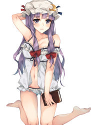 Rule 34 | 1girl, arm behind head, babydoll, bare arms, bare legs, bare shoulders, barefoot, book, breasts, center opening, cleavage, collarbone, crescent, dress, feet, gluteal fold, hat, kneeling, large breasts, long hair, mob cap, navel, panties, patchouli knowledge, purple dress, purple hair, rinarisa, solo, touhou, underwear, very long hair, white panties