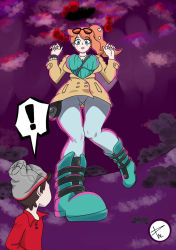 Rule 34 | !, 1boy, 1girl, aqua shirt, bag, blush, boots, breasts, cleavage, coat, creatures (company), dynamax, eyewear on head, from below, game freak, giant, giantess, green eyes, hair ornament, hat, heart, heart hair ornament, large breasts, looking down, nintendo, open clothes, open coat, orange hair, pokemon, pokemon swsh, red hair, shirt, side ponytail, size difference, sonia (pokemon), victor (pokemon), wide hips