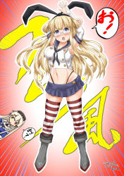 Rule 34 | 2girls, :o, animal ears, armpits, arms behind head, arms up, black neckerchief, blonde hair, blue shirt, blue skirt, blush, breasts, commentary request, cosplay, costume switch, elbow gloves, fake animal ears, fletcher (kancolle), fletcher (kancolle) (cosplay), gloves, highleg, highleg panties, highres, kantai collection, long hair, looking at viewer, miniskirt, multicolored clothes, multicolored legwear, multiple girls, navel, neckerchief, open mouth, panties, purple eyes, rudder footwear, sailor collar, school uniform, senon, serafuku, shimakaze (kancolle), shimakaze (kancolle) (cosplay), shirt, skirt, standing, thong, underwear