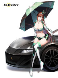 Rule 34 | 1girl, alternate color, arm support, bare shoulders, belt, boots, breasts, brown hair, car, choker, cleavage, closers, collarbone, crop top, cropped vest, elbow gloves, full body, gloves, green eyes, hairband, harpy (closers), high heel boots, high heels, highres, holding, holding umbrella, large breasts, long hair, looking to the side, midriff, miniskirt, motor vehicle, navel, non-web source, official art, on vehicle, open clothes, parted lips, race queen, showgirl skirt, sitting, sitting on car, skirt, sleeveless, smile, solo, stomach, thigh boots, thighhighs, thighs, umbrella, very long hair, vest