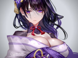 Rule 34 | 1girl, absurdres, breasts, cleavage, close-up, closed mouth, commentary request, genshin impact, grey background, hair ornament, highres, japanese clothes, kimono, large breasts, long hair, looking at viewer, mole, mole under eye, pottsness, purple eyes, purple hair, purple kimono, raiden shogun, simple background, solo, twitter username