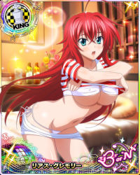 Rule 34 | 1girl, ahoge, bedroom, bikini, blue eyes, blush, breasts, card (medium), chess piece, cleavage, covered erect nipples, female focus, high school dxd, king (chess), large breasts, long hair, looking at viewer, navel, official art, open mouth, panties, red hair, rias gremory, shirt, shorts, side-tie bikini bottom, side-tie panties, solo, swimsuit, t-shirt, underboob, underwear, undressing, white bikini
