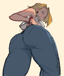 Rule 34 | 1girl, android 18, ass, ass focus, bare shoulders, blonde hair, blue eyes, bracelet, denim, dragonball z, earrings, from behind, from below, hand on own hip, huge ass, jeans, jewelry, looking back, pants, piku184, short hair, sleeveless, solo, thick thighs, thighs, tight clothes, tight pants, white background