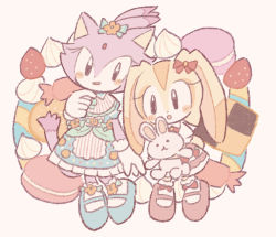 Rule 34 | 2girls, :d, animal ears, black eyes, blaze the cat, blue bow, blush stickers, bow, buke-baisen, cat, cat ears, cat girl, cat tail, commentary request, cookie, cream the rabbit, food, forehead jewel, fruit, furry, furry female, gloves, hair bow, holding, holding stuffed toy, macaron, multiple girls, open mouth, purple fur, rabbit, rabbit ears, rabbit girl, rabbit tail, red bow, simple background, smile, bow legwear, sonic (series), standing, strawberry, stuffed animal, stuffed rabbit, stuffed toy, tail, white gloves, yellow fur