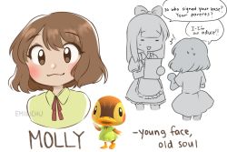 Rule 34 | !, !!, ?, animal crossing, artist name, back, blush, brown eyes, brown hair, character request, emirichu, english text, eyes visible through hair, hair between eyes, holding, looking at viewer, molly (animal crossing), nintendo, open mouth, personification, short hair, short sleeves, simple background, smile, speech bubble, standing, sweatdrop, upper body, villager (animal crossing), watermark, white background