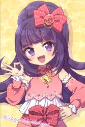 Rule 34 | 1girl, :d, bare shoulders, blunt bangs, blush, bow, commentary request, cowboy shot, detached sleeves, drop shadow, flower, frilled sleeves, frills, hair bow, hair flower, hair ornament, hanazono shuka, hand on own hip, hand up, happy birthday, idol clothes, idol time pripara, jewelry, long hair, looking at viewer, necklace, ok sign, open mouth, pink bow, pink flower, pink shirt, ponytail, pretty series, pripara, purple eyes, purple hair, shirt, smile, solo, standing, tabana, yellow background
