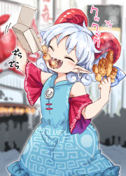 Rule 34 | +++, 1girl, bare shoulders, blue dress, detached sleeves, dress, earrings, closed eyes, food, harusame (unmei no ikasumi), holding, holding food, holding skewer, horns, jewelry, meandros, motion lines, open mouth, pointy ears, red horns, red sleeves, sharp teeth, sheep horns, short hair, silver hair, skewer, solo, takoyaki, teeth, touhou, toutetsu yuuma