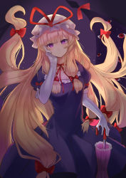Rule 34 | 1girl, absurdres, backlighting, blonde hair, blunt bangs, blush, bow, breasts, choker, cleavage, closed mouth, closed umbrella, clothes lift, cowboy shot, dark, dress, dress bow, dress lift, elbow gloves, expressionless, floating hair, gap (touhou), gloves, hair bow, hand on own face, hat, hat ribbon, head tilt, highres, light, light particles, long hair, looking at viewer, medium breasts, mob cap, puffy short sleeves, puffy sleeves, purple background, purple dress, purple eyes, purple theme, red bow, red ribbon, ribbon, ribbon choker, short sleeves, sidelocks, simple background, solo, touhou, umbrella, very long hair, white gloves, white hat, yakumo yukari, yuku~