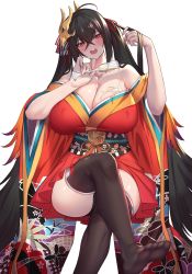 Rule 34 | 1girl, ahoge, alcohol, azur lane, bare shoulders, black hair, black thighhighs, blush, breasts, champagne, champagne flute, cleavage, collarbone, crossed bangs, crossed legs, cup, drinking glass, feet, hair between eyes, hair ribbon, hakama, hakama short skirt, hakama skirt, highres, huge breasts, japanese clothes, k jin, kimono, long hair, long sleeves, looking at viewer, mask, mask on head, obi, open mouth, pouring, pouring onto self, red eyes, red kimono, red ribbon, ribbon, sash, short kimono, simple background, skirt, smile, solo, striped ribbon, taihou (azur lane), thighhighs, thighs, twintails, white background, wide sleeves