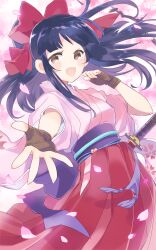 Rule 34 | 1girl, arm up, black hair, blue hair, breasts, brown eyes, cherry blossoms, clenched hand, fingerless gloves, gloves, hair ribbon, highres, japanese clothes, large breasts, legs, long hair, long skirt, looking at viewer, outstretched arm, ponytail, ribbon, sakura taisen, sega, shinguuji sakura, skirt, small breasts, smile, solo, sword, weapon