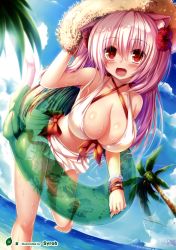 Rule 34 | 1girl, :d, absurdres, animal ears, artist name, beach, bikini, bikini skirt, bracelet, breasts, cat ears, cat tail, cleavage, cloud, collarbone, criss-cross halter, day, dutch angle, fang, flower, hair flower, hair ornament, halterneck, hammock, hat, hibiscus, highres, innertube, jewelry, large breasts, long hair, looking at viewer, ocean, open mouth, original, outdoors, palm tree, pink eyes, pink hair, sand, see-through, shia flatpaddy, shiny skin, sky, smile, solo, straw hat, sweat, swim ring, swimsuit, syroh, tail, tree, watermark, white bikini