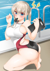 Rule 34 | 1girl, ass, balut (7676i), bare hips, blonde hair, blowing whistle, blue eyes, breasts, clipboard, colored eyelashes, commentary request, competition swimsuit, eyeliner, from behind, graf zeppelin (kancolle), hair between eyes, highres, kantai collection, kneeling, large breasts, looking at viewer, looking back, makeup, mouth hold, one-piece swimsuit, pool ladder, poolside, sidelocks, solo, swimsuit, twintails, water, whistle