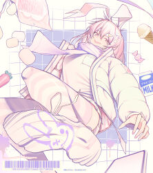 Rule 34 | 1girl, animal ears, barcode, breast pocket, candy, floppy ears, food, hair between eyes, highres, ice cream, ice cream cone, jacket, long hair, long sleeves, milk carton, open clothes, open jacket, open mouth, original, pink eyes, pink hair, pink scarf, pink theme, pocket, rabbit ears, rabbit girl, scarf, shirt, shoes, signal 1120, solo, striped clothes, striped thighhighs, thighhighs, white jacket, white shirt