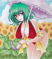 Rule 34 | 1girl, :d, adapted costume, bent over, between breasts, bikini, blush, bracelet, breasts, cleavage, cloud, cowboy shot, day, female focus, fingernails, flower, frilled bikini, frills, green hair, hair between eyes, happy, holding, holding umbrella, huge breasts, jewelry, kazami yuuka, long fingernails, looking at viewer, open mouth, outdoors, over shoulder, parasol, plaid, plaid bikini, red bikini, red eyes, ryumaira, sample watermark, short hair, sideboob, sky, smile, solo, sunflower, swimsuit, touhou, traditional media, umbrella, watermark