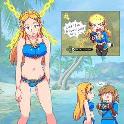Rule 34 | 1boy, 1girl, 20s, alternate costume, armor, beach, bikini, black leggings, blonde hair, blue bikini, blue eyes, blue tunic, braid, brain, breasts, brown gloves, brown hair, cameltoe, camera, chain, chibi, chibi inset, unworn clothes, crown braid, drooling, electrickronos, empty eyes, english text, expressionless, fingerless gloves, gameplay mechanics, gauntlets, gloves, gold trim, green eyes, green hair, hair ornament, hairclip, highres, holding, holding tablet, hypnosis, large breasts, leaning forward, leggings, legs apart, link, long hair, long sleeves, looking at another, looking at viewer, magic, midriff, mind control, navel, nintendo, open mouth, outdoors, parted lips, photo background, pointing, pointy ears, pov, princess, princess zelda, runes, saliva, sand, sheikah slate, shirt, short hair, short sleeves, sidelocks, speech bubble, split screen, standing, stasis (rune), submission, swimsuit, tablet, talking, the legend of zelda, the legend of zelda: breath of the wild, tree, tunic, undershirt, viewfinder, water, white shirt, x-ray, x-ray vision