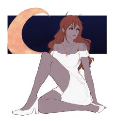 Rule 34 | 1girl, arm tattoo, commentary, dr000mi, dress, high heels, highres, jewelry, long hair, looking to the side, moon, nami (one piece), necklace, night, night sky, one piece, orange hair, pink lips, sidelocks, sitting, sky, solo, strapless, strapless dress, symbol-only commentary, tattoo, white dress