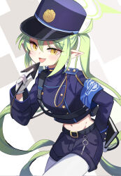 Rule 34 | 1girl, armband, black hat, black shirt, black shorts, black tail, blue archive, blue armband, blush, buttons, cowboy shot, demon tail, double-breasted, earrings, fang, gloves, green hair, green halo, halo, hat, nozomi (blue archive), highres, jewelry, long hair, long sleeves, looking at viewer, open mouth, pantyhose, peaked cap, shadowsinking, shirt, shorts, smile, solo, tail, very long hair, white gloves, white pantyhose, yellow eyes