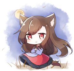 Rule 34 | 1girl, animal ears, blouse, blush, brown hair, chibi, closed mouth, dress, eyes visible through hair, full moon, gem, hair between eyes, hands up, imaizumi kagerou, long hair, looking at viewer, moon, night, night sky, own hands together, pudding (skymint 028), red dress, red eyes, shirt, sky, smile, solo, standing, tail, touhou, white shirt, wolf ears, wolf tail, yellow moon