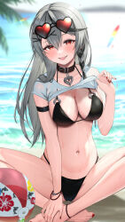 Rule 34 | 1girl, ball, barefoot, bikini, black bikini, black collar, black hair, blurry, blurry background, blush, bowsan, bracelet, braid, breasts, cleavage, clothes lift, collar, crossed ankles, day, eyewear on head, feet, grey hair, hair ornament, heart, heart-shaped eyewear, highres, hololive, jewelry, knees apart feet together, large breasts, lifted by self, long hair, multicolored hair, nail polish, navel, ocean, outdoors, parted lips, red eyes, red nails, sakamata chloe, shirt lift, single braid, sitting, solo, stomach, streaked hair, sunglasses, swimsuit, toenail polish, toenails, toes, tongue, tongue out, virtual youtuber, x hair ornament