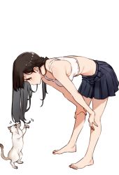 Rule 34 | 1girl, animal, bare arms, bare shoulders, barefoot, bent over, blue skirt, bra, breasts, brown hair, cat, fingernails, full body, hair behind ear, hands on own knees, highres, kakaobataa, long hair, looking at animal, looking down, medium breasts, miniskirt, motion lines, no shirt, original, parted lips, playing with another&#039;s hair, pleated skirt, simple background, skirt, solo, standing, toenails, toes, underwear, white background, white bra, white cat, yellow eyes