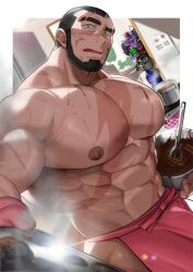 Rule 34 | 3boys, abs, absol (dkqthf), another eidos-r, apron, bara, beard, black hair, bowl, facial hair, gloves, hellion (another eidos), holding, holding bowl, kafka (another eidos), large pectorals, looking at viewer, male focus, multiple boys, muscular, muscular male, navel, nipples, open mouth, pectorals, pink apron, pink gloves, scar, scar on chest, scar on face, short hair, waist apron