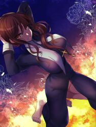 Rule 34 | 1girl, barefoot, black dress, bottomless, breasts, brown eyes, brown hair, closed mouth, commentary request, cross, cross necklace, dress, habit, highres, jewelry, large breasts, long hair, looking at viewer, necklace, no panties, noel (tsukihime), nun, smile, solo, tajima yoshikazu, tsukihime, tsukihime (remake)