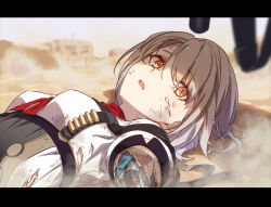 Rule 34 | 1girl, android, commentary request, crack, cracked glass, damaged, dust, girls&#039; frontline, grey hair, letterboxed, lying, mechanical parts, on back, sand, short hair, solo, strap, torn clothes, vector (girls&#039; frontline), yachimoto, yellow eyes