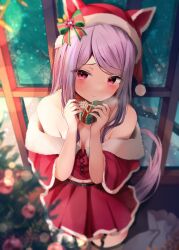 Rule 34 | absurdres, alternate costume, animal ears, bare shoulders, blush, bow, box, breasts, cleavage, dress, ear ribbon, from above, gift, gift box, hat, highres, holding, holding box, horse ears, horse girl, long hair, looking at viewer, mejiro mcqueen (umamusume), nyorotono (amafurashi), off-shoulder dress, off shoulder, purple eyes, purple hair, santa costume, santa hat, small breasts, smile, swept bangs, umamusume