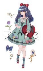 Rule 34 | 1girl, bag, black bow, black hair, blue dress, blue flower, blue hairband, blue sleeves, bow, bug, butterfly, buttons, center frills, chain, chinese commentary, closed mouth, collar, collared dress, commentary, commentary request, dress, dress bow, dress flower, english commentary, flower, frilled collar, frilled dress, frilled sleeves, frills, frown, full body, glasses, gold chain, green bow, hair bow, hairband, heart-shaped bag, highres, insect, key, light blush, lolita fashion, long hair, long sleeves, mixed-language commentary, neck ribbon, original, pansy, pink bow, polka dot, polka dot bow, puffy long sleeves, puffy sleeves, purple flower, purple pansy, purple rose, red bag, red bow, red ribbon, ribbon, rose, round eyewear, sample watermark, short dress, simple background, solo, tote bag, unworn eyewear, unworn hairband, waist bow, watermark, wavy hair, white background, white collar, yellow-framed eyewear, yellow bow, yellow eyes, yellow flower, yuzhi