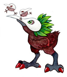 Rule 34 | beak, bird, chibikiwimon, claws, digimon, digimon (creature), green eyes, highres, kiwimon, leaves, red eyes